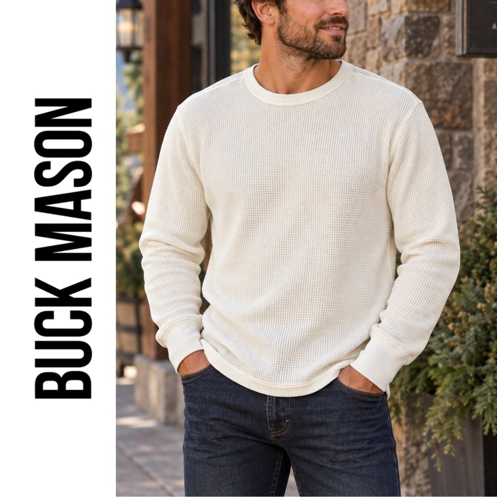 Buck Mason, Toughknit Waffle Thermal Shirt Long Sleeve Cream White Mens Medium